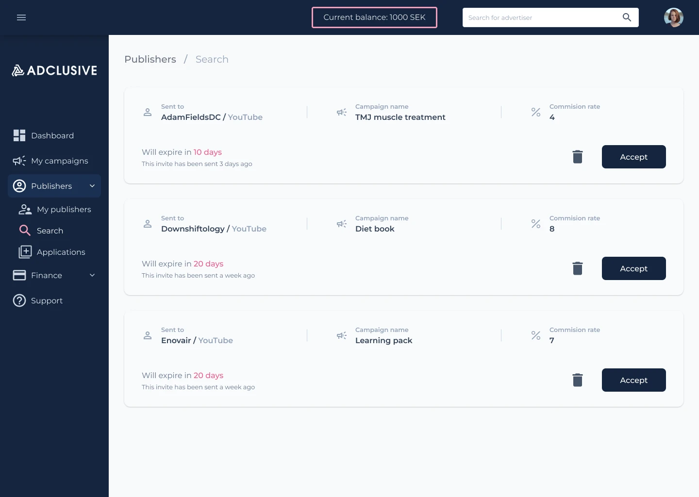 Adclusive campaign invitations with commission rates and expiry dates