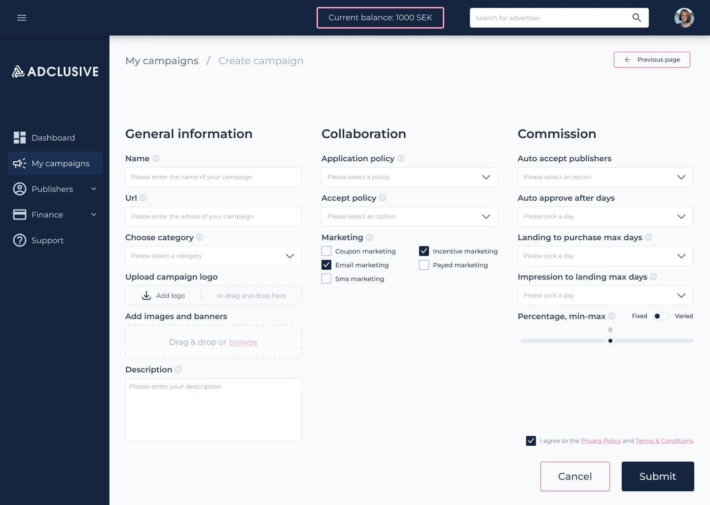 Shipped Adclusive campaign creation form