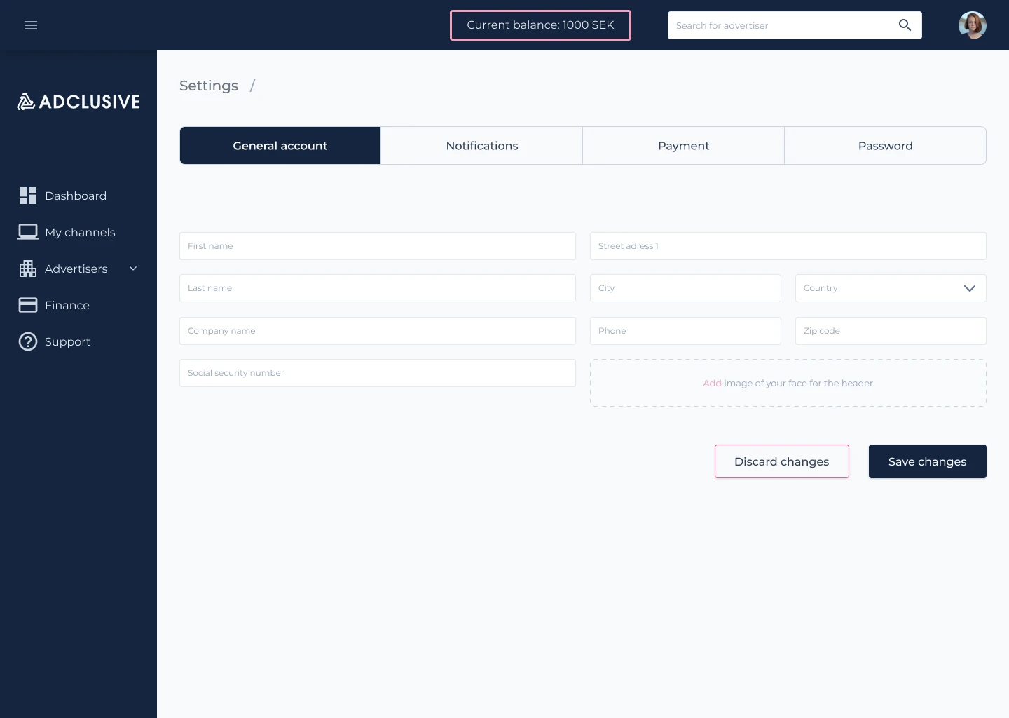 Adclusive account settings for profile, notifications, payment, and password