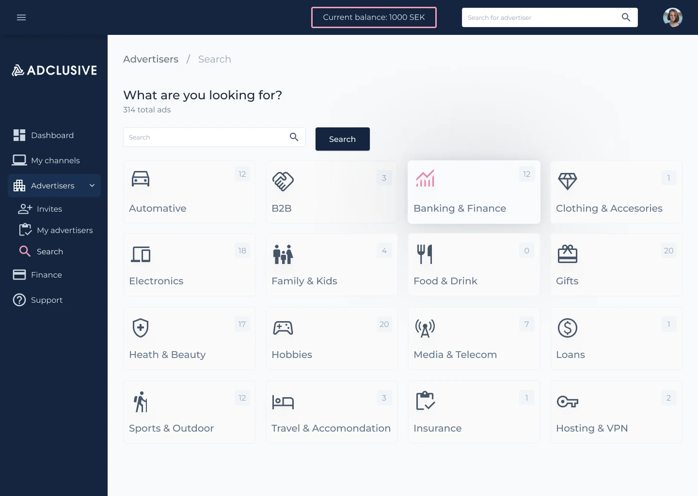 Adclusive advertiser search organized by campaign category