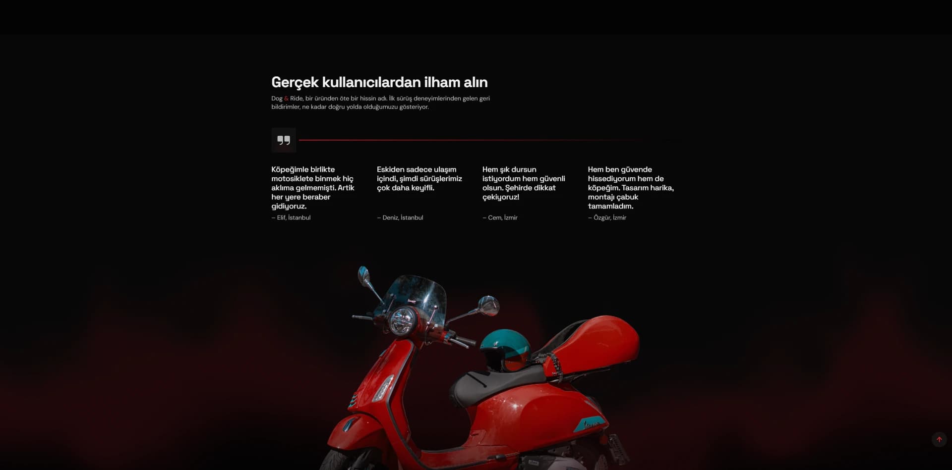 Dog & Ride customer quotes above a red scooter and carrier
