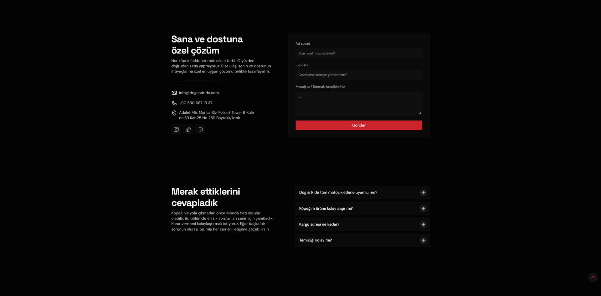 Dog & Ride contact form and common product questions