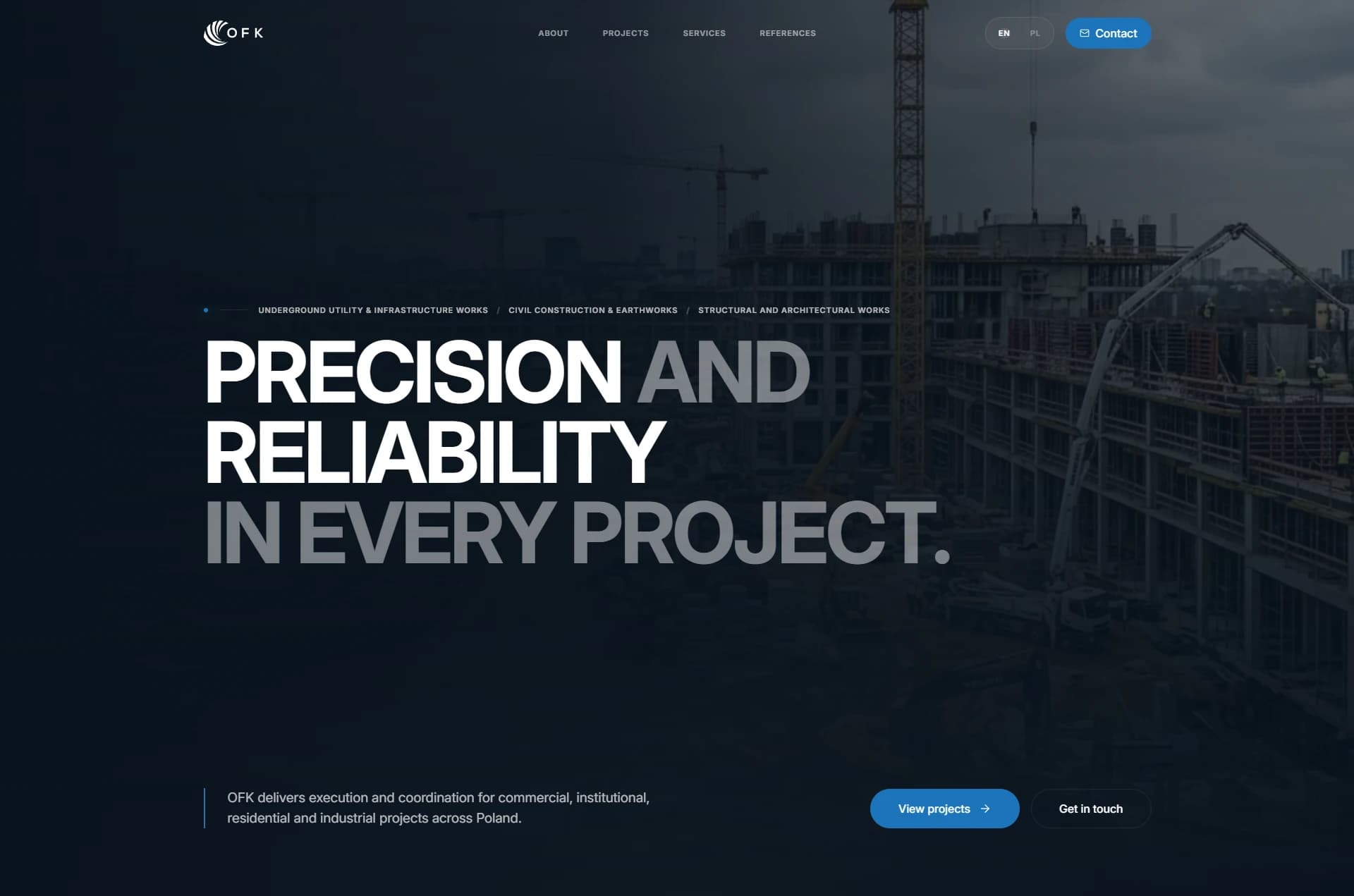 OFK Construction homepage presented in its visual system
