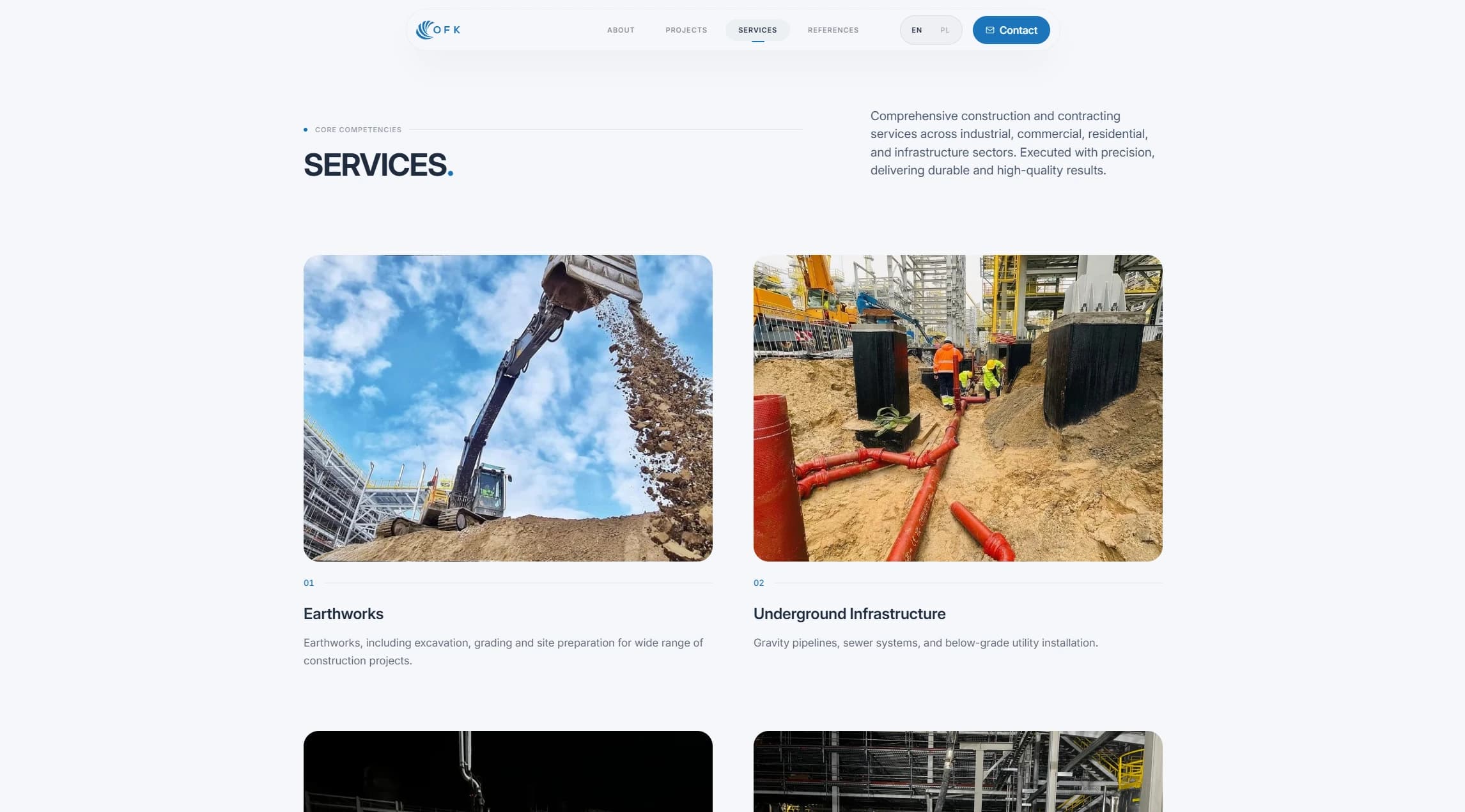 OFK services page with construction categories and photography