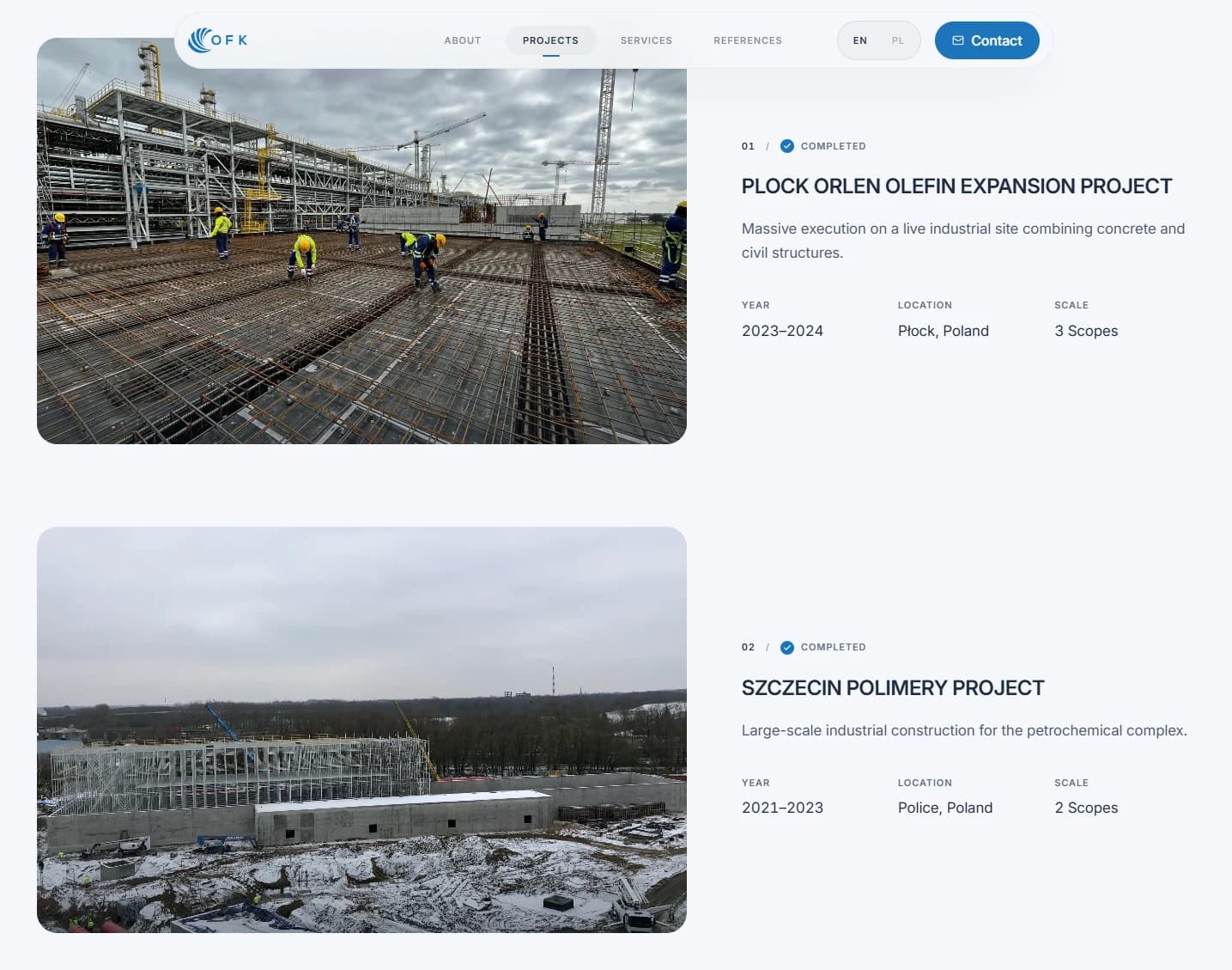 OFK completed projects overview with locations, dates, and scope