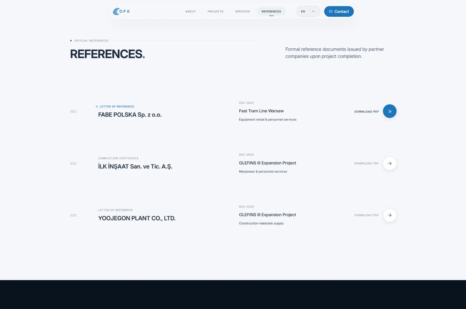 OFK references page with three companies and PDF downloads