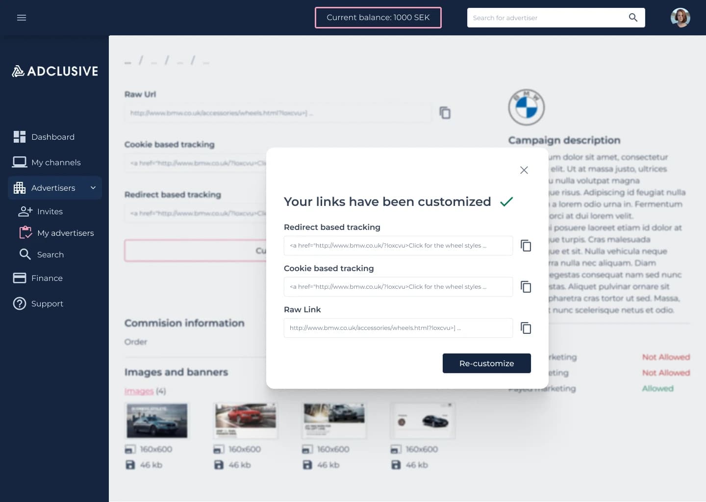 Adclusive modal with three customized tracking link formats